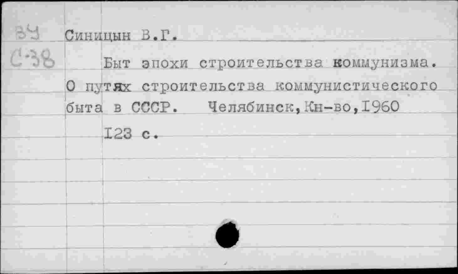 ﻿Синицын В.Г.
Быт эпохи строительства коммунизма. О путях строительства коммунистического быта в СССР. Челябинск,Кн-во,1960
123 с.